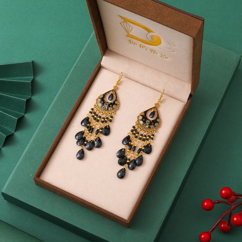 Böhmische lange Acryl-Wassertropfen-Quasten-Ohrringe für Frauen, ethnische mehrfarbige Perlen, Tropfenöl, handgefertigte baumelnde Ohrringe, Boho-Schmuck
