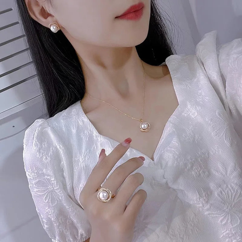 Neue eingelegte Zirkon Perle Halskette Ring Ohrringe dreiteiliges Set für Frauen stilvolle tägliche Accessoires Party Schmuck Geburtstags geschenke