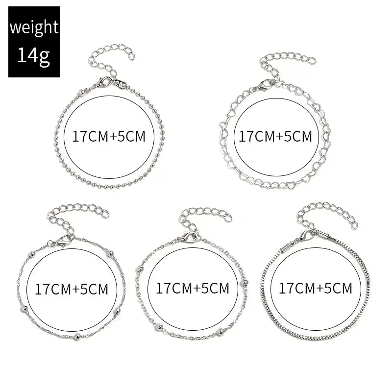 5 teile/satz Mode Silber Farbe Herz Perlen Kette Armbänder für Frauen trend ige geometrische Armbänder Set Party Schmuck Accessoires