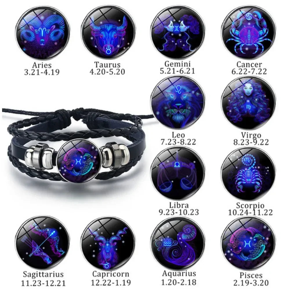 12-Sternbild-Sternzeichen, schwarzes geflochtenes Lederarmband, Krebs, Löwe, Jungfrau, Waage, gewebte Glaskuppel, Schmuck, Punk-Männerarmband