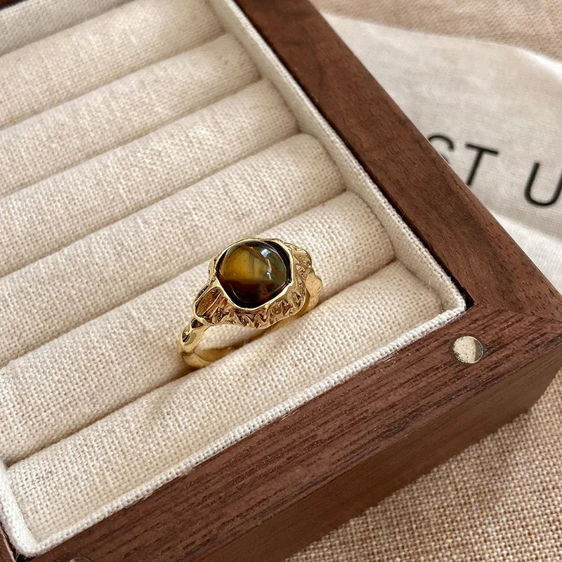 Vintage Brauner Tigerauge Stein Damenring Unregelmäßiger runder offener Ring Nischendesign Persönlichkeit Fingerringe High-End-Schmuck Geschenk