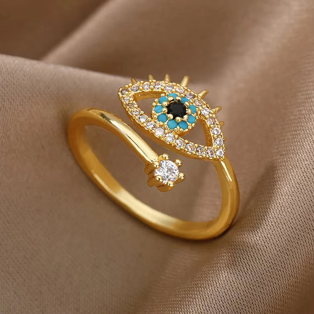 Edelstahl Zirkon Geometrische Ringe Für Frauen Luxus Bösen blick Gold Farbe Einstellbar Trendy Hochzeit Ästhetischen Jewerly Geschenk