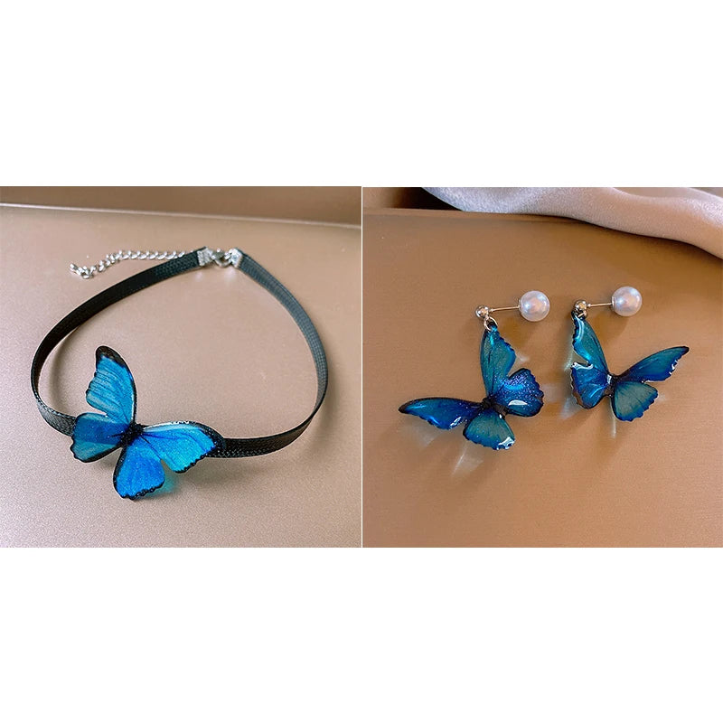 Blaue Schmetterling Halskette Armband Schmuck Set für Frauen Boho Leder Kette Choker Halskette Armreif Imitation Pealr Ohrringe