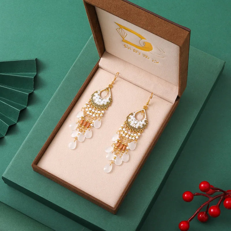 Böhmische lange Acryl-Wassertropfen-Quasten-Ohrringe für Frauen, ethnische mehrfarbige Perlen, Tropfenöl, handgefertigte baumelnde Ohrringe, Boho-Schmuck