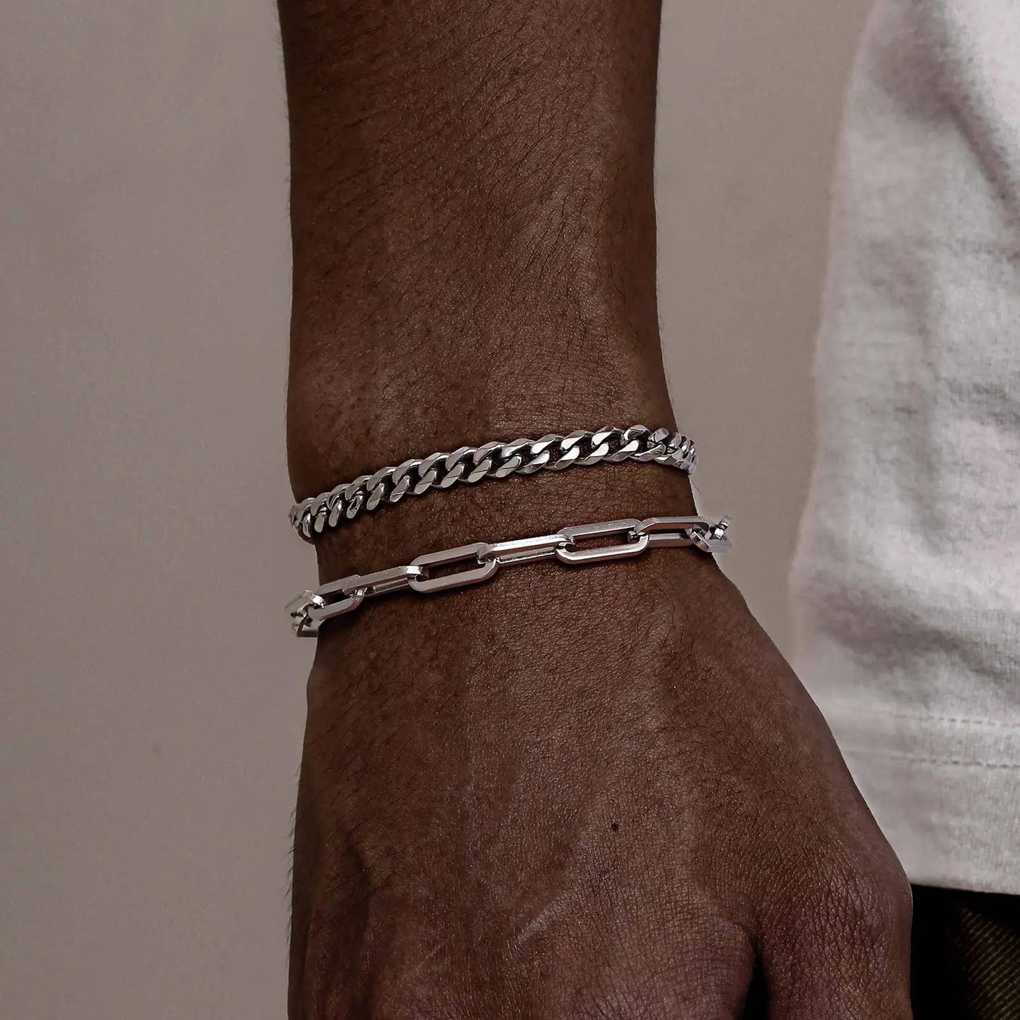 Stilvolle kubanische Kettenarmbänder für Herren, 2 Stück/Set Edelstahl gestapeltes rechteckiges Kettenarmband, Hip-Hop-Kausal-Schmuckgeschenk