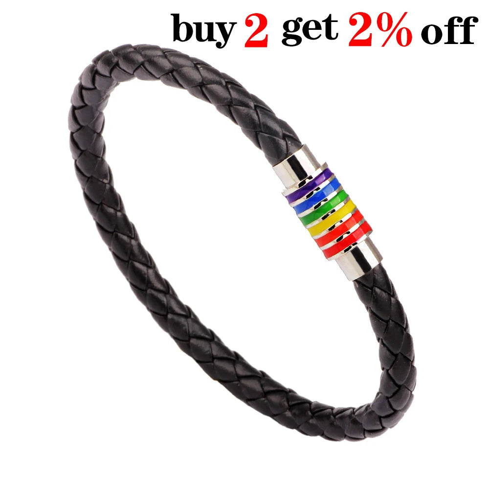St.kunkka schwarz braun echtes geflochtenes Leder armband Frauen Männer Edelstahl Homosexuell Stolz Regenbogen Magnet Charms Armband Geschenk