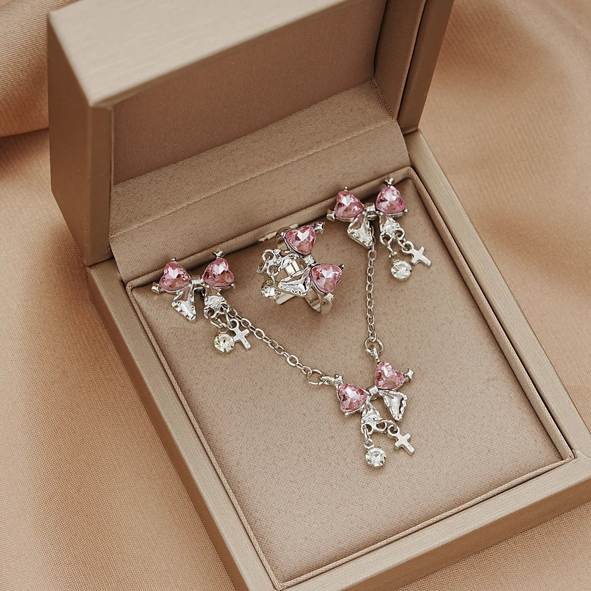 2024 Mode süße Zirkon Schleife Halskette Ohrringe Ringe Set drei Stück Silber Farbe elegante Luxus y2k Schmuck Set Party Geschenke antike