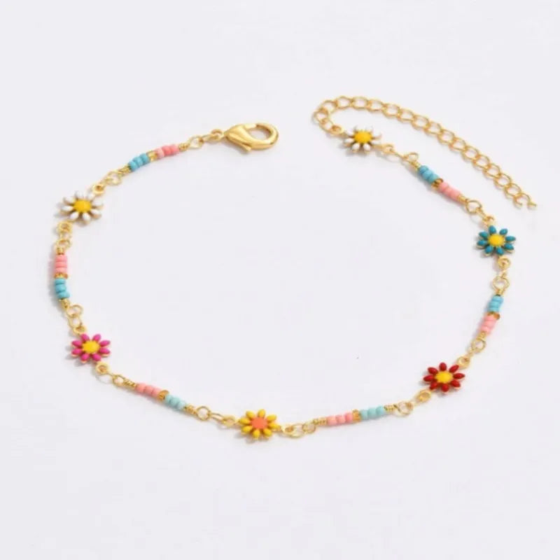 Süße Mode Chrysantheme Gänseblümchen Kette Fußkettchen für Frauen Sommer Boho Chic Gänseblümchen Perlen Fuß Kette Party Berufung Schmuck Geschenke