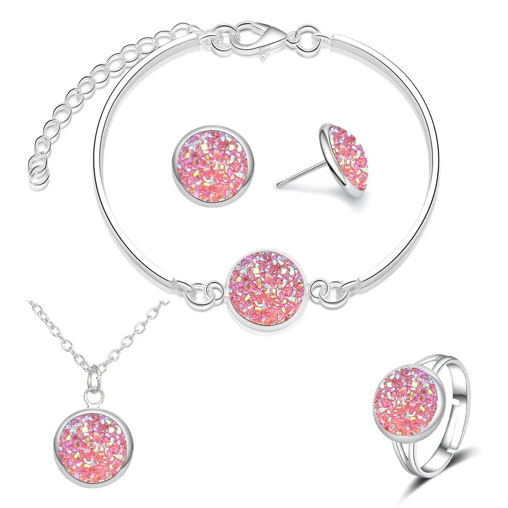 Luxuriöses Quartz-Strass-Schmuckset für Frauen, einfache runde Ohrringe, Halsketten-Set, Brautschmuck, 4-teilig, versilberter Schmuck