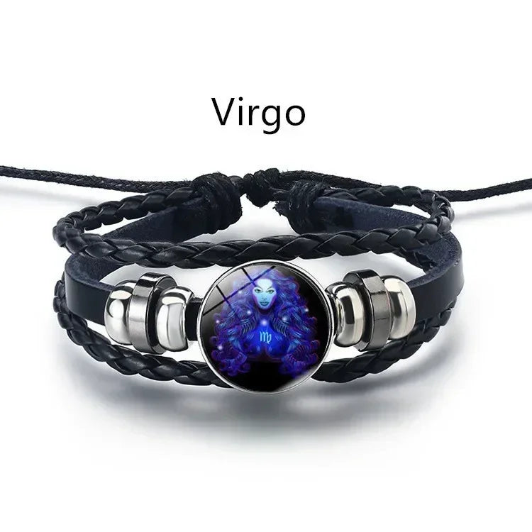 12-Sternbild-Sternzeichen, schwarzes geflochtenes Lederarmband, Krebs, Löwe, Jungfrau, Waage, gewebte Glaskuppel, Schmuck, Punk-Männerarmband