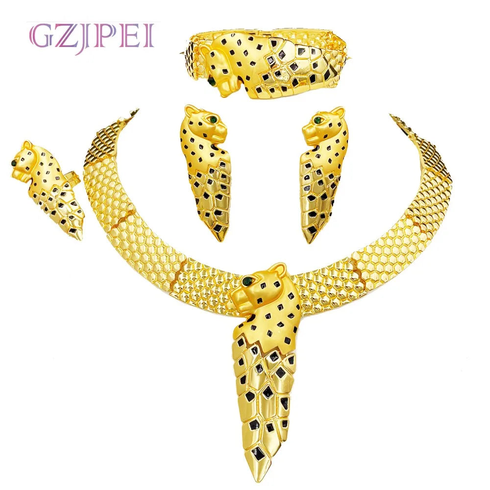 GZJPEI Übertreiben Sie großes Schmuckset, afrikanische Goldfarbe, Leoparden-Halskette, Armband, schicker großer Ohrring, Ring, Mode, Party-Geschenk