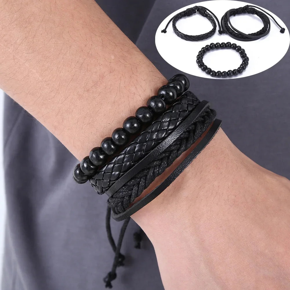 3-4 Stück Vintage Leder Armband Set für Männer Baum des Lebens Charme schwarz gewebte Seil Perlen Kette Wrap Armreif Frauen handgemachten Schmuck