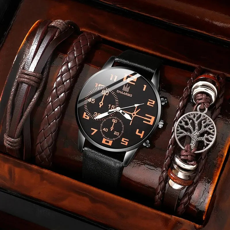 5PCS Set Mode Herren Sport Armband Uhren Für Männer Retro Große Zifferblatt Quarz Armbanduhr Klassische Männliche Casual braun Leder Uhr