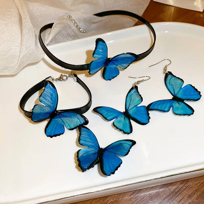 Blaue Schmetterling Halskette Armband Schmuck Set für Frauen Boho Leder Kette Choker Halskette Armreif Imitation Pealr Ohrringe