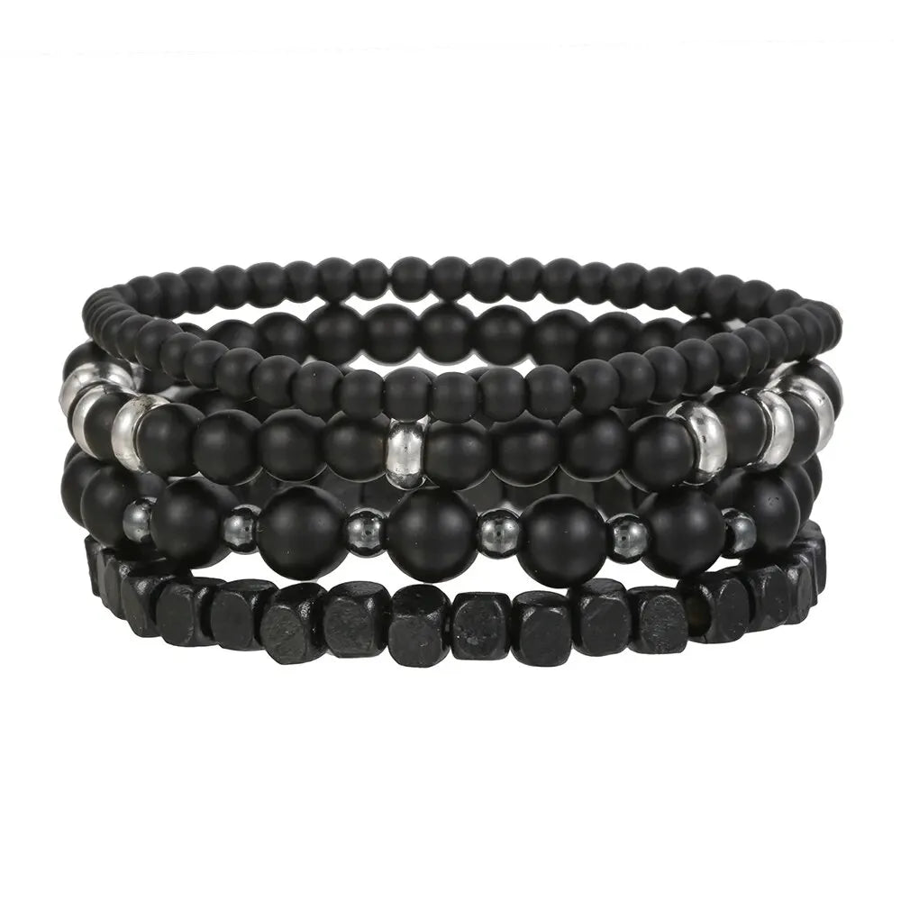 4 Teile/satz Schwarz Gall Stein Vulkanstein Holz Perlen Multi-schicht männer Kombination Elastische Armband Für Paar Freunde schmuck