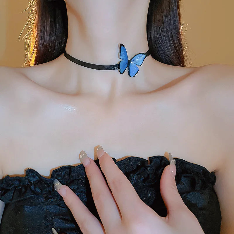 Blaue Schmetterling Halskette Armband Schmuck Set für Frauen Boho Leder Kette Choker Halskette Armreif Imitation Pealr Ohrringe