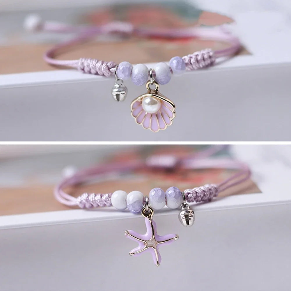 Kreative Seestern Muscheln Perle Anhänger Armband Frauen Mädchen Handgemachte Lila Geflochtene Armreif Einstellbar Sommer Sand Geschenke Schmuck