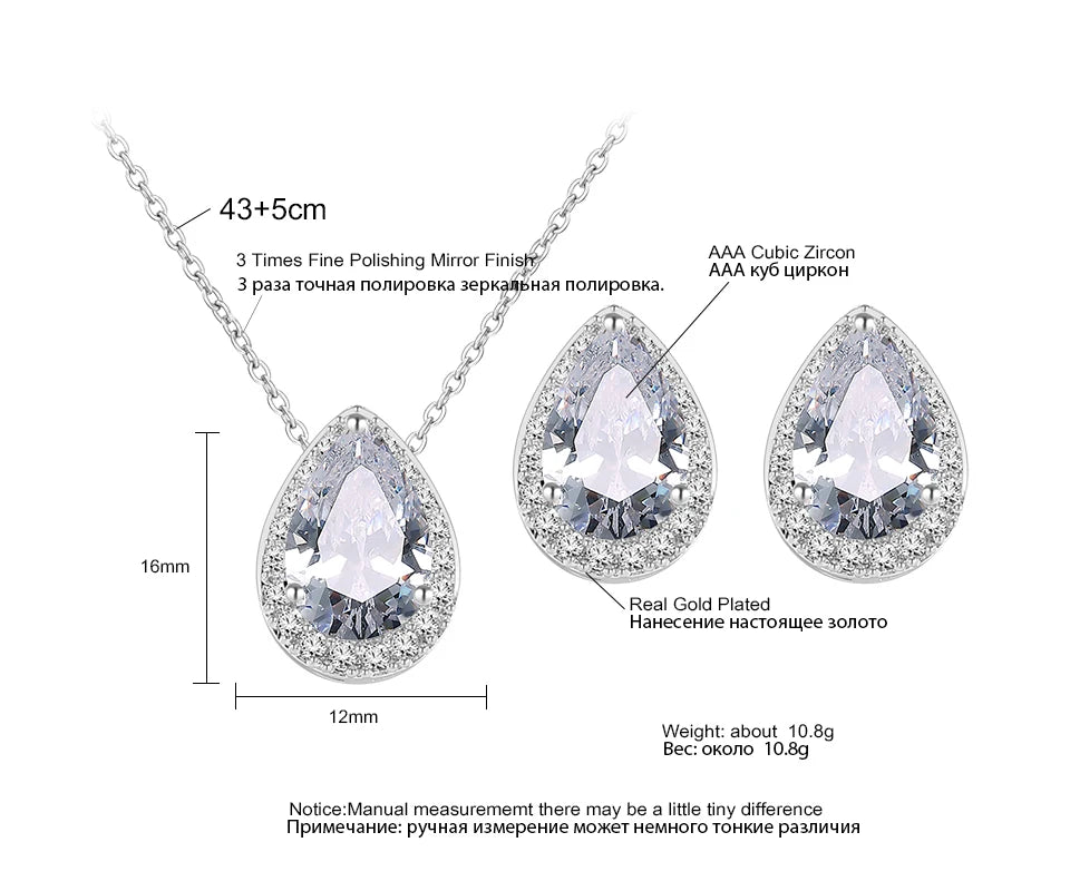 ZAKOL Klassisches Wassertropfen-Zirkonia-Hochzeitsschmuck-Set für Frauen, glänzender AAA-Kubikzirkon, Ohrringe, Halskette, Schmucksets, Geschenk