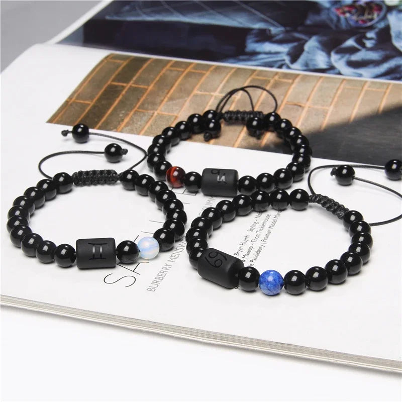 12-Sternbild-Sternzeichen-Armband, schwarze Onyx-Perlen, Krebs-Löwe, Onyx, geflochtenes Armband für Damen und Herren, Paare, Schmuck, Geschenk