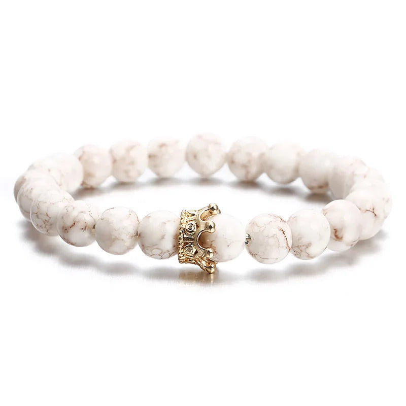 8MM Weiß Kiefer Vulkanstein Armband Elastischen Faden Eingestellt Perle Neue Vulkanstein Krone Armband Für Frauen Männer Schmuck geschenk