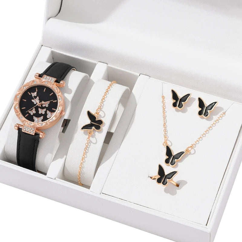 Schmetterlings schmuck Set (ohne Box) Frauen Uhren weibliche Leder Uhren ringe Halskette Ohrringe Armband Hochzeits geschenk