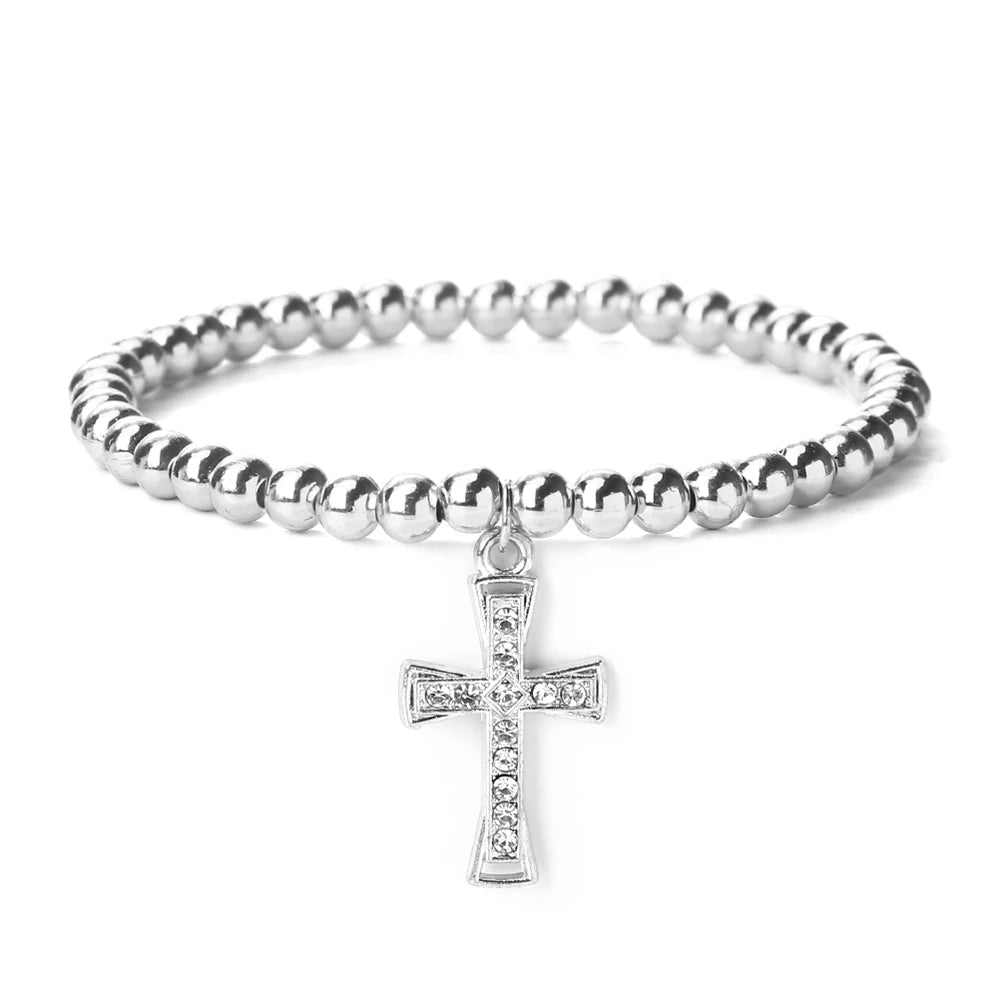 5mm Gold Silber Farbe Kupfer Perlenarmband Elastisches Seil Armband mit Kreuz Strass Anhänger Charm Schmuck Geschenk für Frauen Männer