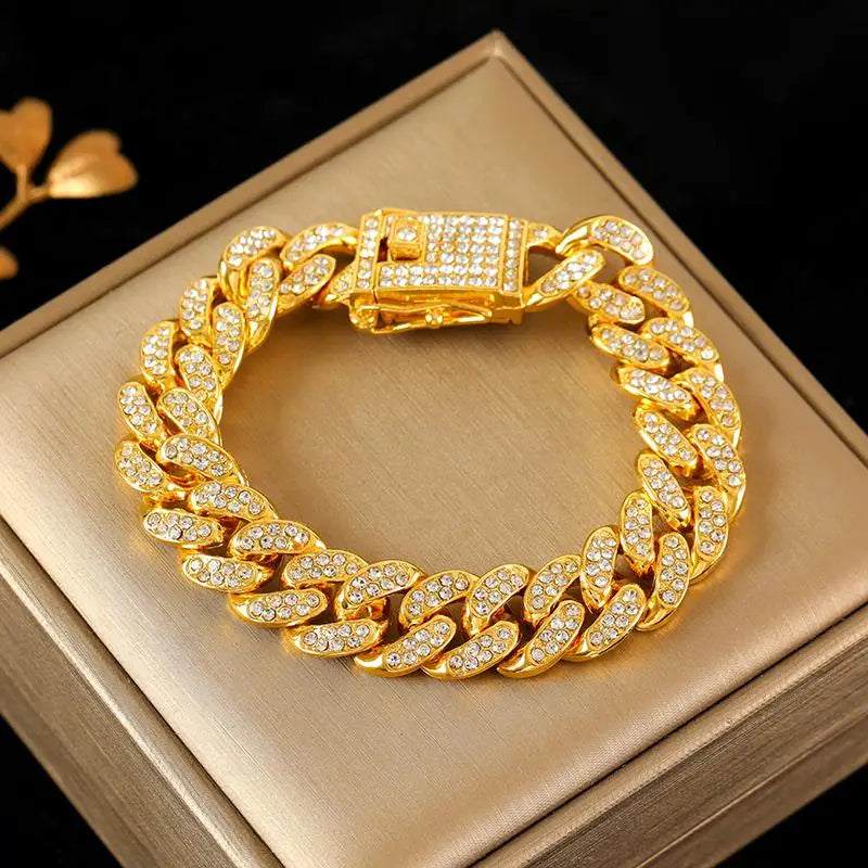 TrendMen Hiphop Rock Cuban Link Kette Armbänder Und Halsketten Für Männer Jungen Gold Farbe Metall Kristall Party Schmuck Geschenke Sets