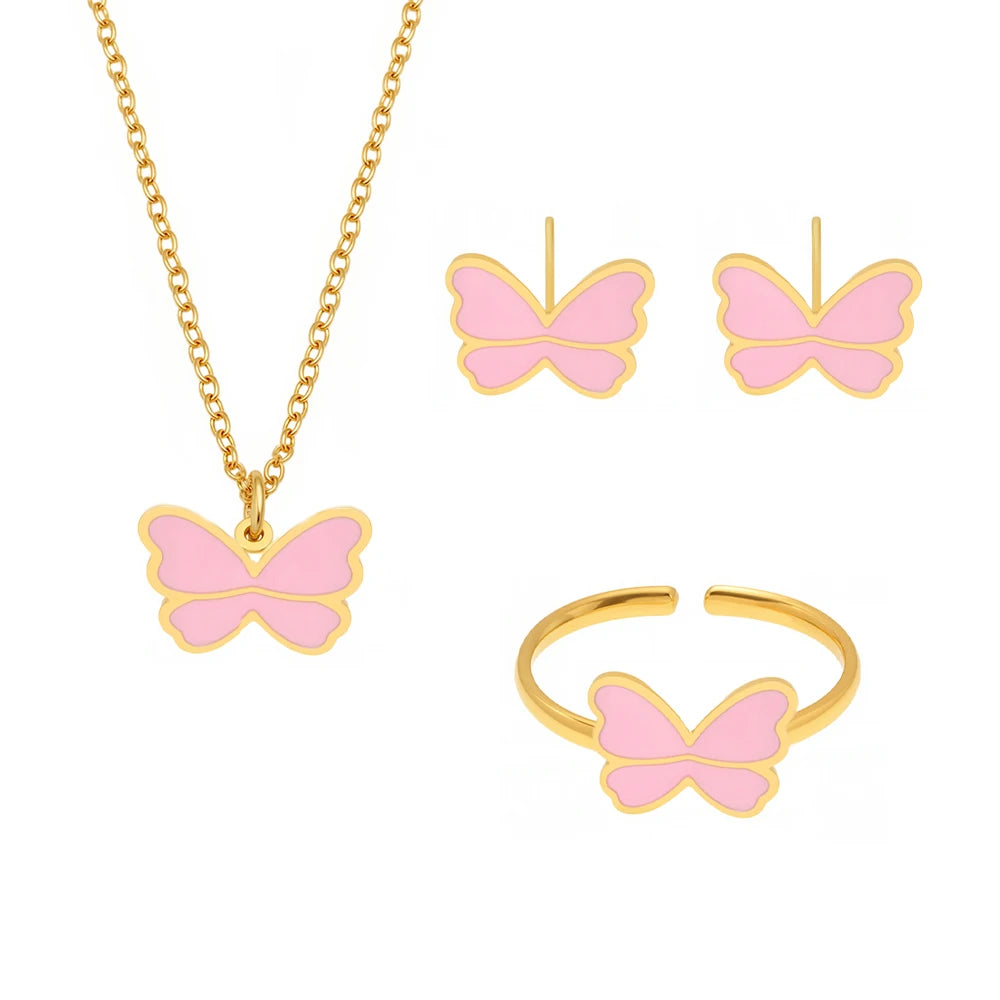 Kinderschmuck, rosa Schleife, Anhänger, gedrehte Kette, Halskette, Ohrringe, Armband, Ring, 5-teilig, Edelstahl, wasserdicht, Geschenk