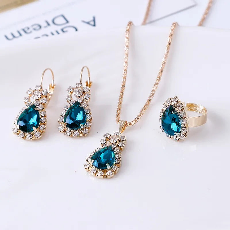 Blauer Kristall Ring Halskette Ohrringe Set Hochzeit Schmuck Sets für Bräute Anhänger Ohrringe für Mädchen Frauen Afrikanische Schmuck Sets