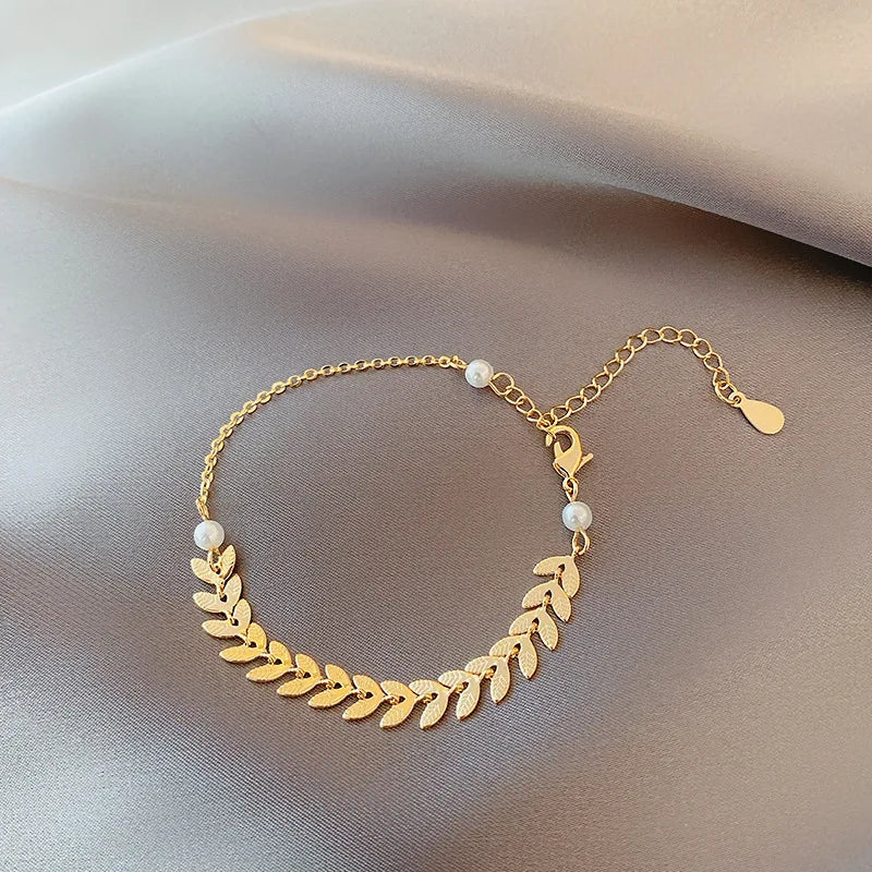 JWER Einfache Weizen Ohr Perle Armband Halskette Ohrringe Schmuck-Set für Frauen Temperament Glück Gold Farbe Armband Charme Schmuck