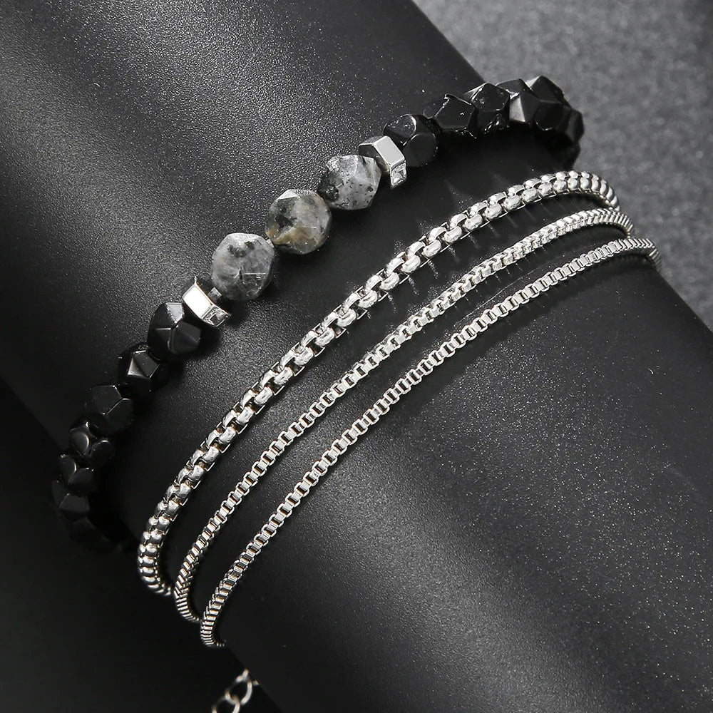 Meetvii 2PC Schwarz Abschnitt Stein Perlen Armbänder für Männer Mode Hip Hop Kette Armband Set Kombination Schmuck