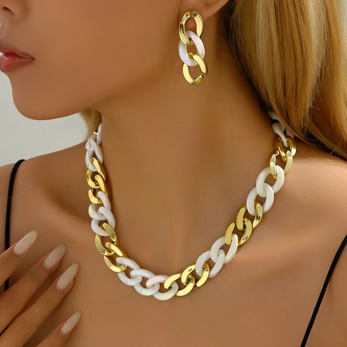 Y2K Vintage Dicke Kante Kubanische Gothic Ohrringe Halskette Für Frauen CCB Gold Farbe Kette Halsketten Charme Party Schmuck set