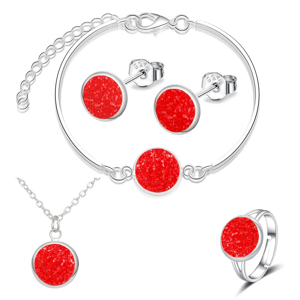 Luxuriöses Quartz-Strass-Schmuckset für Frauen, einfache runde Ohrringe, Halsketten-Set, Brautschmuck, 4-teilig, versilberter Schmuck