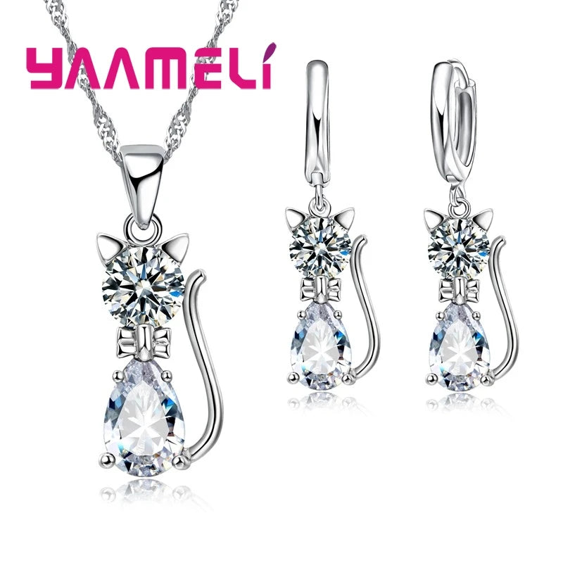 Echtes 925er-Sterlingsilber, farbige Schmucksets für Damen und Mädchen, glänzender österreichischer Kristall, niedliche Katze, Anhänger, Halskette, Huggie-Ohrring