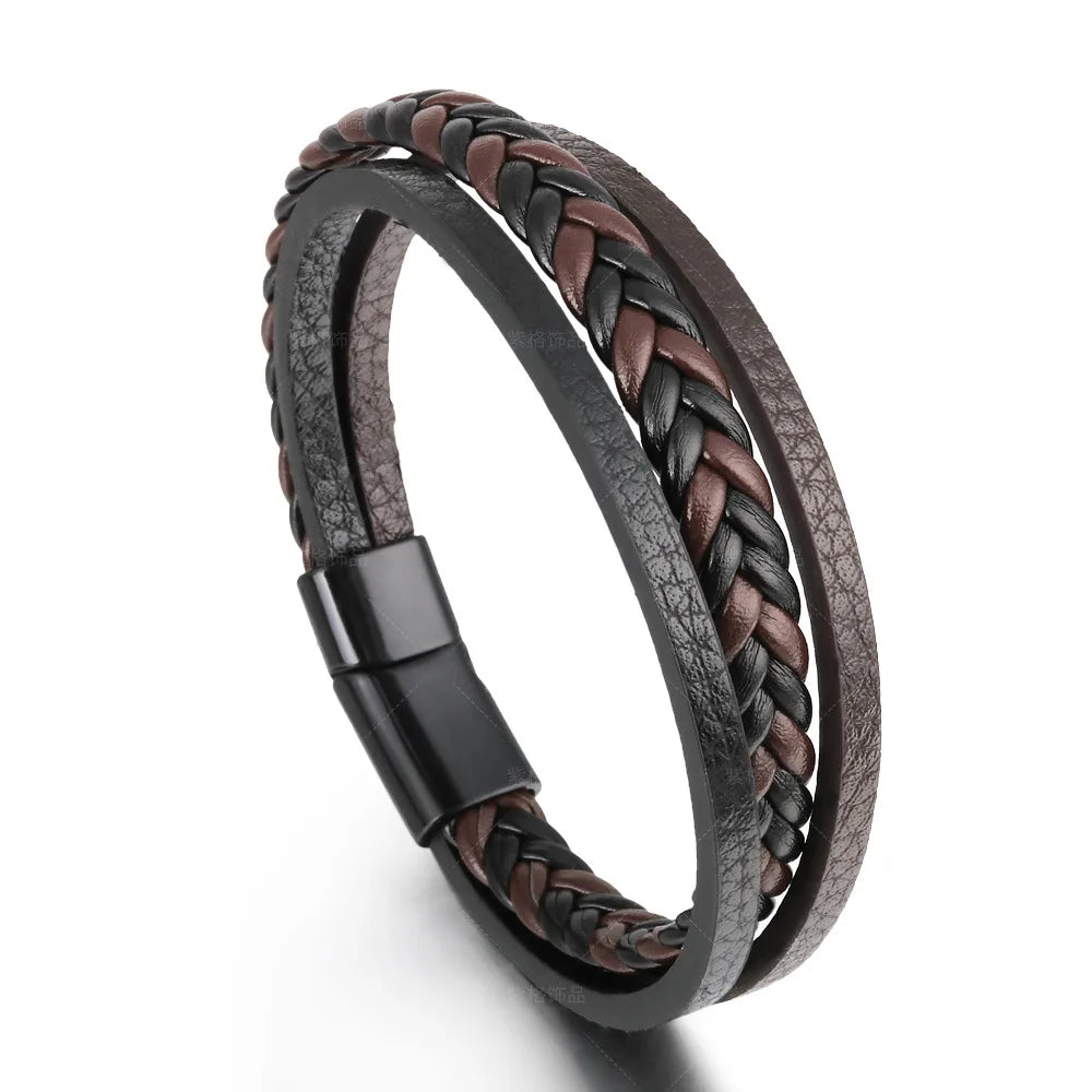 Trendige Lederarmbänder für Männer, Edelstahlarmband, 21 cm, mehrschichtige geflochtene Seilarmbänder für männliche Schmuckgeschenke