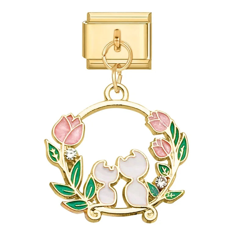 Gold Farbe Schöne Katze Rose Liebe Blume Eis Umschlag Anhänger Italienischen Charme Link Fit 9MM Armband Edelstahl DIY Machen