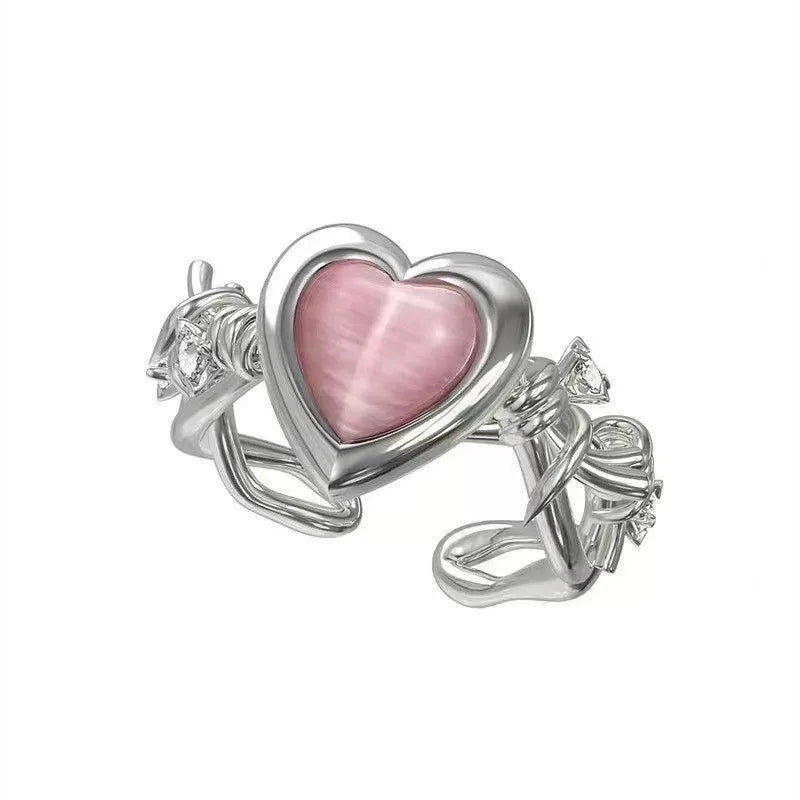 Herz Offene Ringe für Frauen Korea Geometrische Kristall Mondstein Gothic Finger Ring Y2K Zubehör Trendy Ästhetischen Schmuck Geschenk