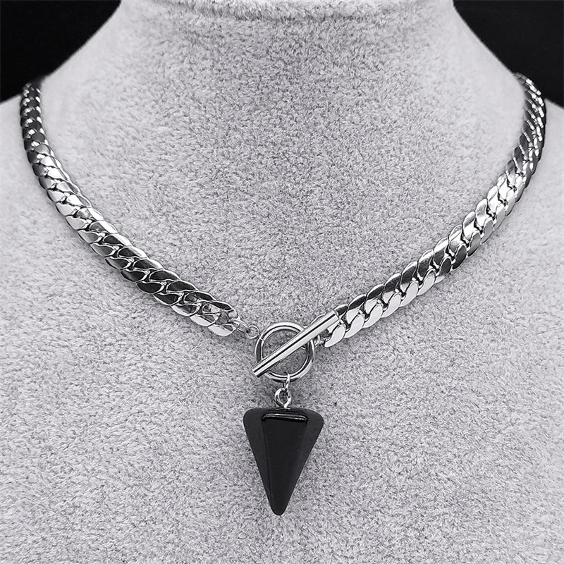 Goth Obsidian Reiki Heilung Pendel für Wahrsagerei Halskette Frauen Edelstahl Kette Kegel Anhänger Halsketten Schmuck NXS03