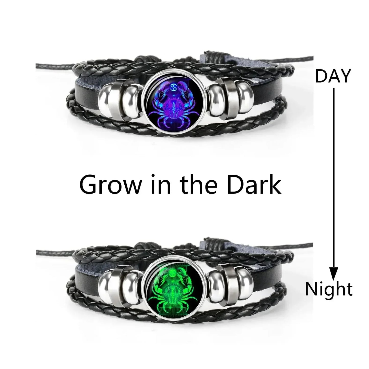 12-Sternbild-Sternzeichen, schwarzes geflochtenes Lederarmband, Krebs, Löwe, Jungfrau, Waage, gewebte Glaskuppel, Schmuck, Punk-Männerarmband
