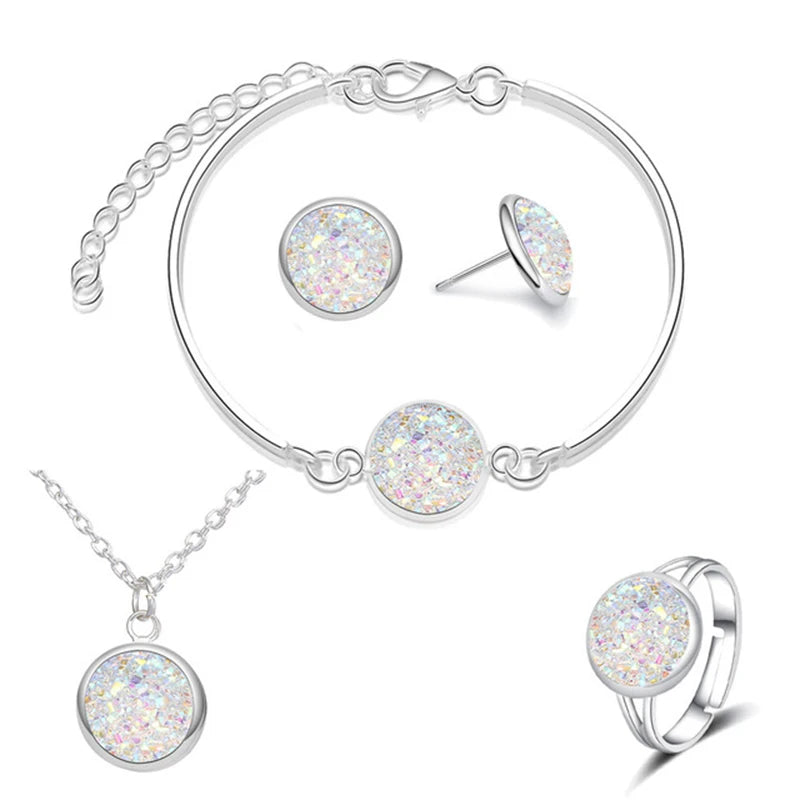 Luxuriöses Quartz-Strass-Schmuckset für Frauen, einfache runde Ohrringe, Halsketten-Set, Brautschmuck, 4-teilig, versilberter Schmuck