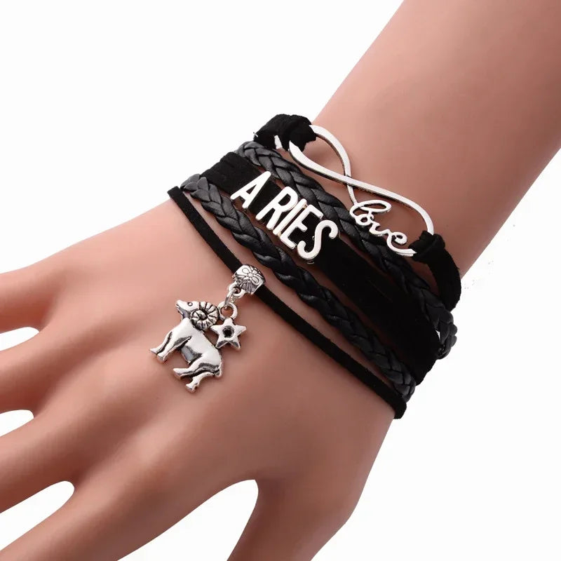 12-Sternbild-Sternzeichen, schwarzes geflochtenes Lederarmband, Krebs, Löwe, Jungfrau, Waage, gewebter Schmuck, Punk-Männer-Anhänger-Armband