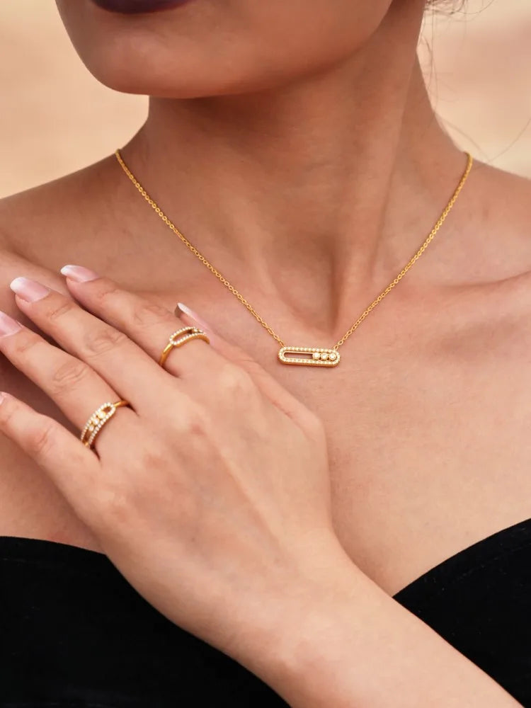 Edelstahl-Ketten-Halsketten, Ringe für Damen, 18 Karat vergoldet, mit beweglichem Zirkon-Anhänger, Halskette, passendes Ring-Schmuckset
