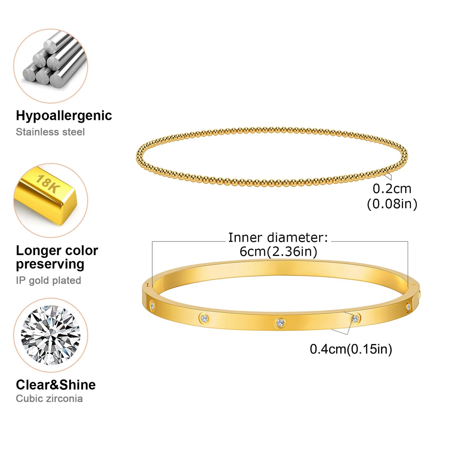 Vnox 2–8 mm Damen-Armbänder-Set, einfache gestapelte vergoldete Edelstahl-Perlen-Armbänder, glamouröse Liebesgeschenk-Manschettenarmbänder für Sie