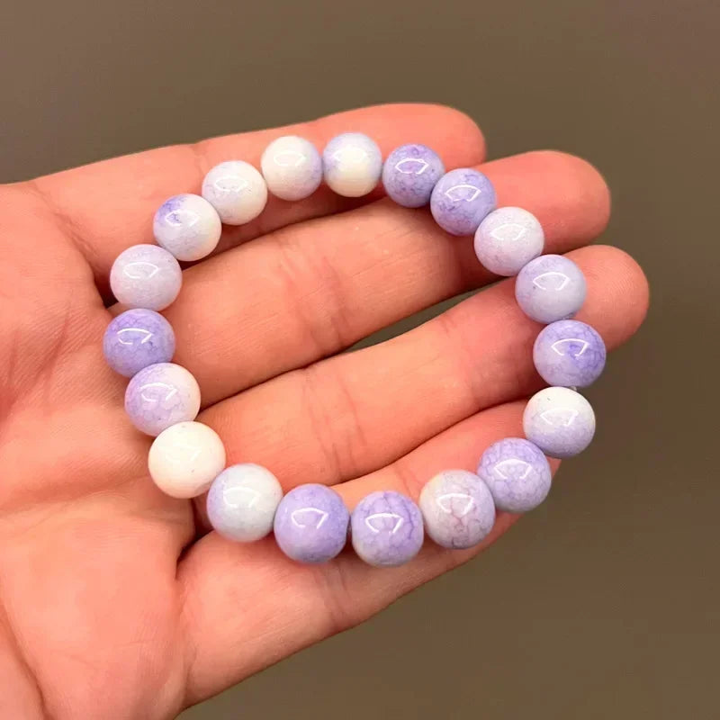 Natürliches rosa/buntes Kristall-/Porzellan-Armband mit Eis-Rissmuster und gemusterten Perlen, einzelner Kreis, glücklicher Heilstein, Schmuck, Geschenk