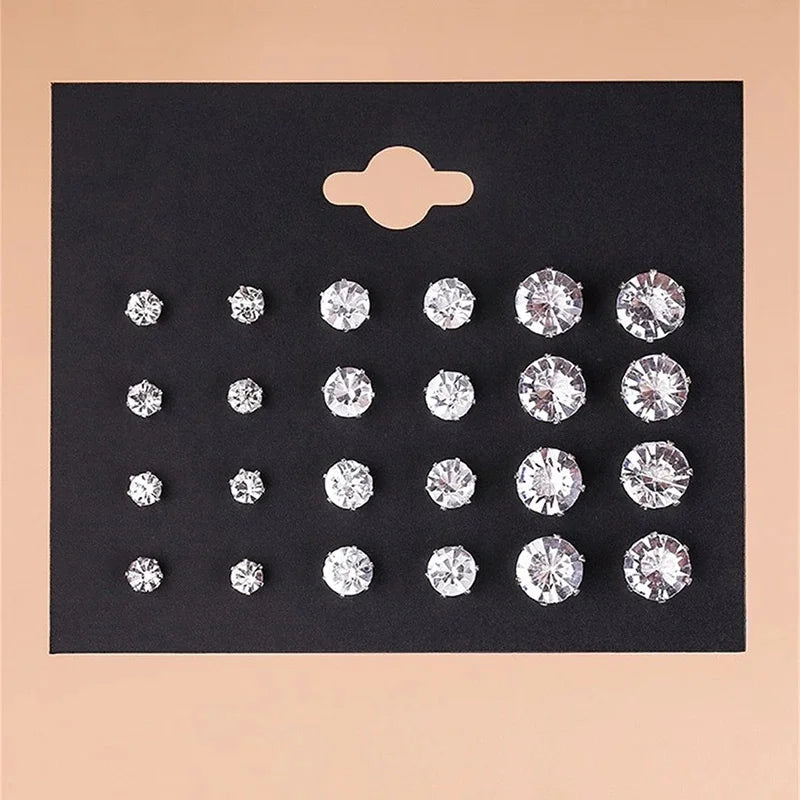 Neues 12-Paar/Packung weiß glänzendes Hochzeits-Ohrstecker-Set für Damen und Herren, Kristall-Ohrringe, Schmuck, Accessoires, Geschenke