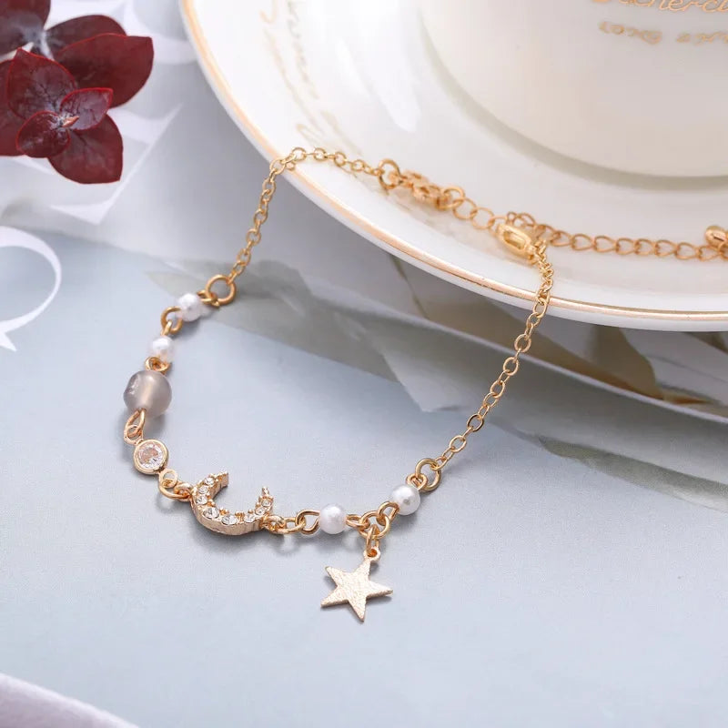 Браслет weibliches Nischen design Armband trend ige Mode einfaches Armband bester Freund Stern und Mond perlen armband Frauen Luxus Lec.