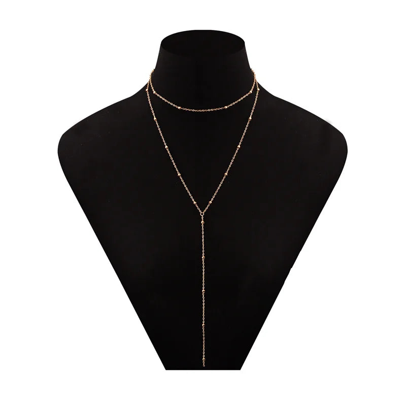 Einfache Frauen Mode Y Förmigen Lange Kette Halskette Zarte Perlen Doppel Schicht Schlüsselbein Halsketten Sommer Strand Hals Schmuck