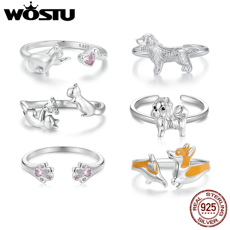 WOSTU 925 Sterling Silber Katze Haustier Einstellbare Ringe Für Frauen Tier Hund Offenen Ring Familie Tochter Geburtstag Schmuck Mädchen Geschenk