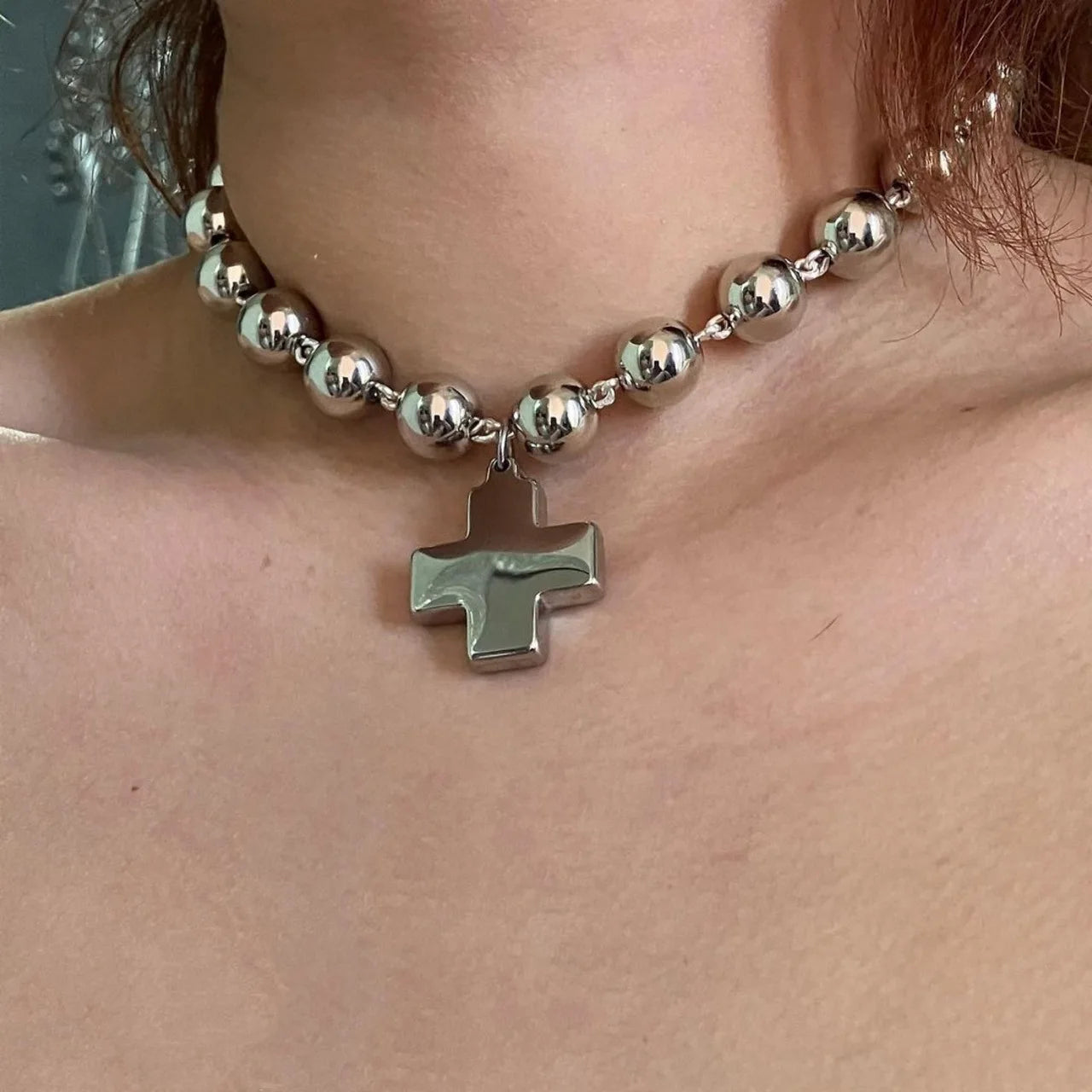Grunge Rock Schmuck Runde Perlen Ketten Kreuz Anhänger Halskette Koreanische Punk Charms Halsketten Frauen Goth Zubehör Halsband