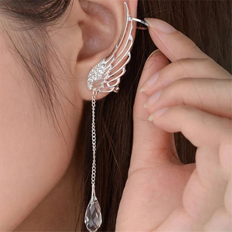 Engelsflügel-Kristall-Ohrringe, versilbert, baumelnde Ohrstecker für Frauen, lange Manschettenohrringe, Böhmen-Quasten-Ohrschmuck